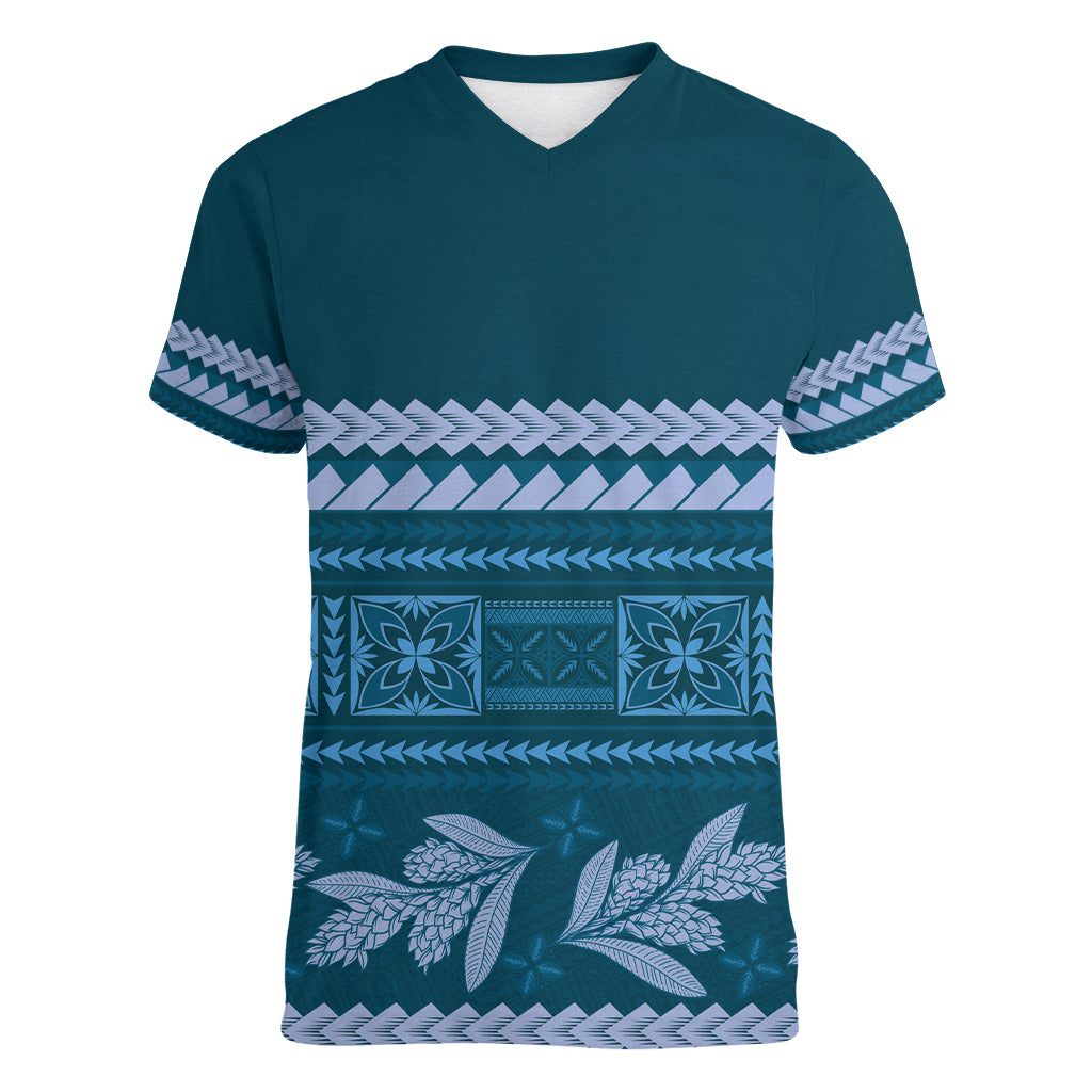 Dark Cyan Samoa Siapo Teuila Flowers Women V-Neck T-Shirt