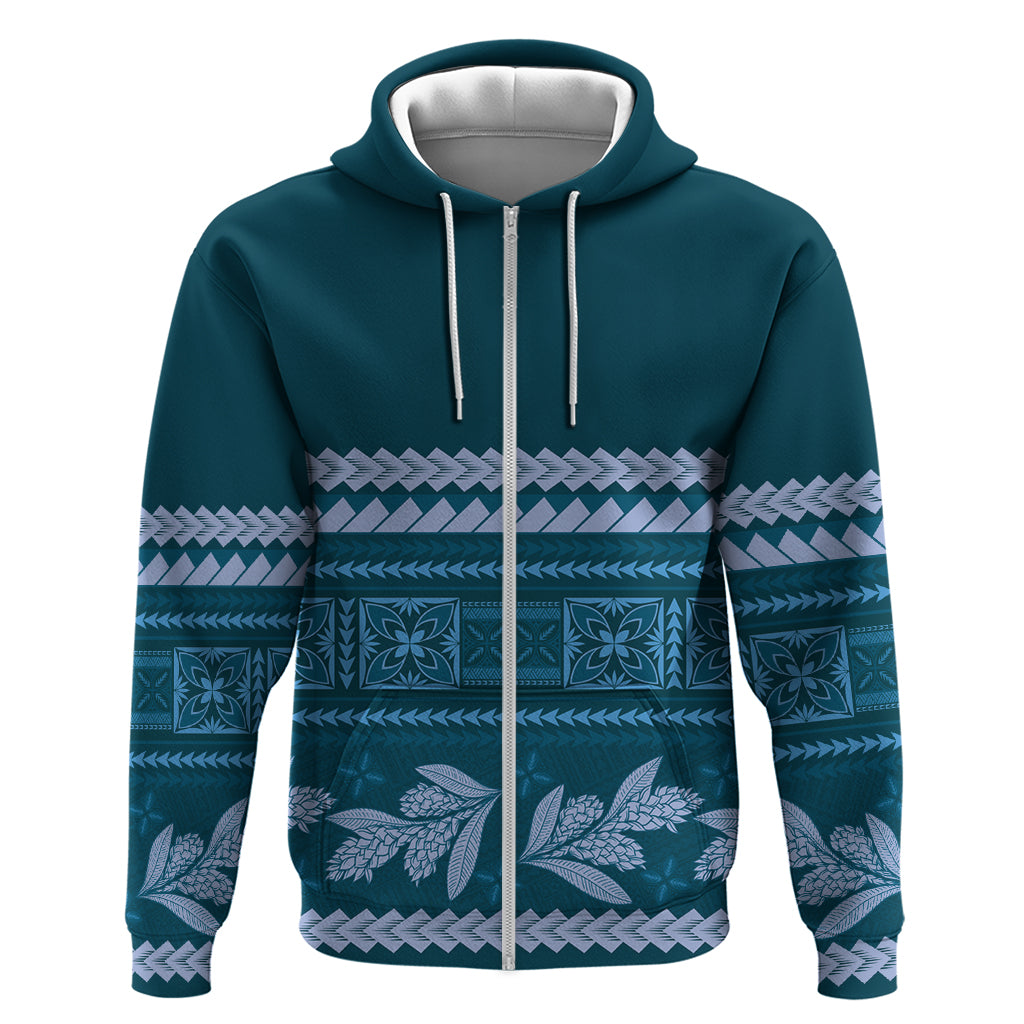 Dark Cyan Samoa Siapo Teuila Flowers Zip Hoodie