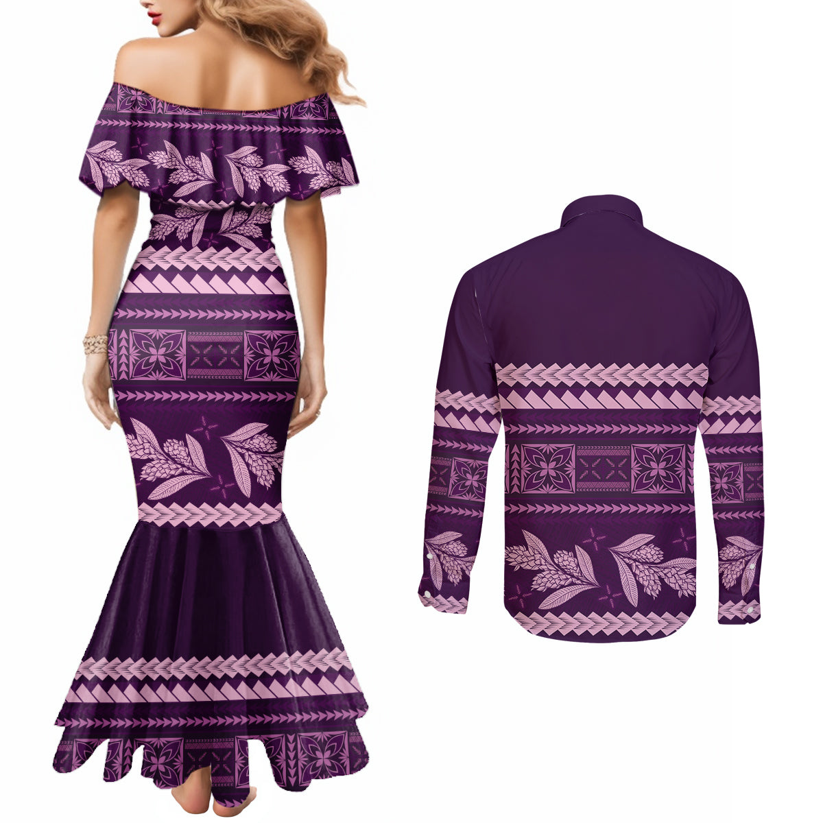 Purple Samoa Siapo Teuila Flowers Couples Matching Mermaid Dress and Long Sleeve Button Shirt