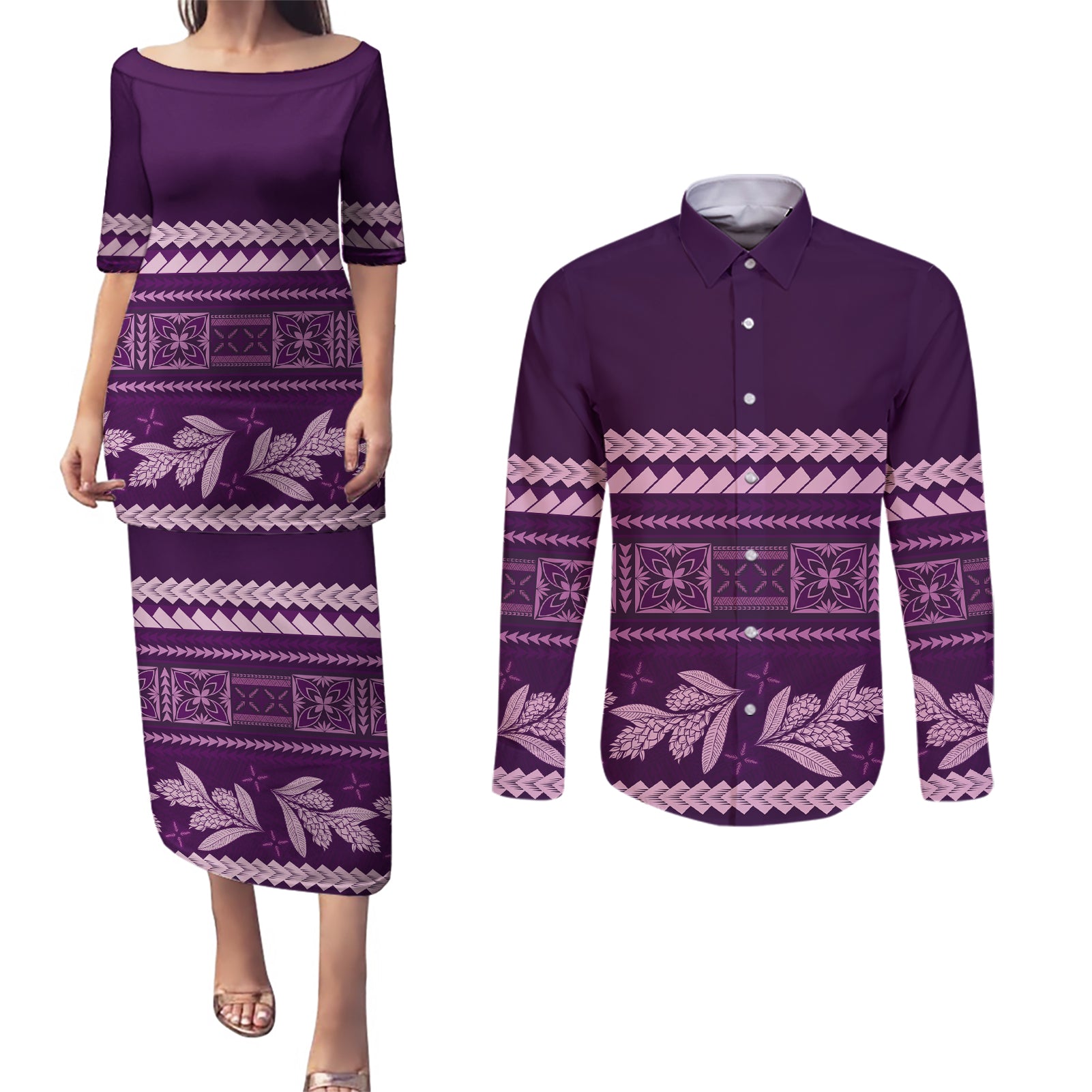 Purple Samoa Siapo Teuila Flowers Couples Matching Puletasi and Long Sleeve Button Shirt