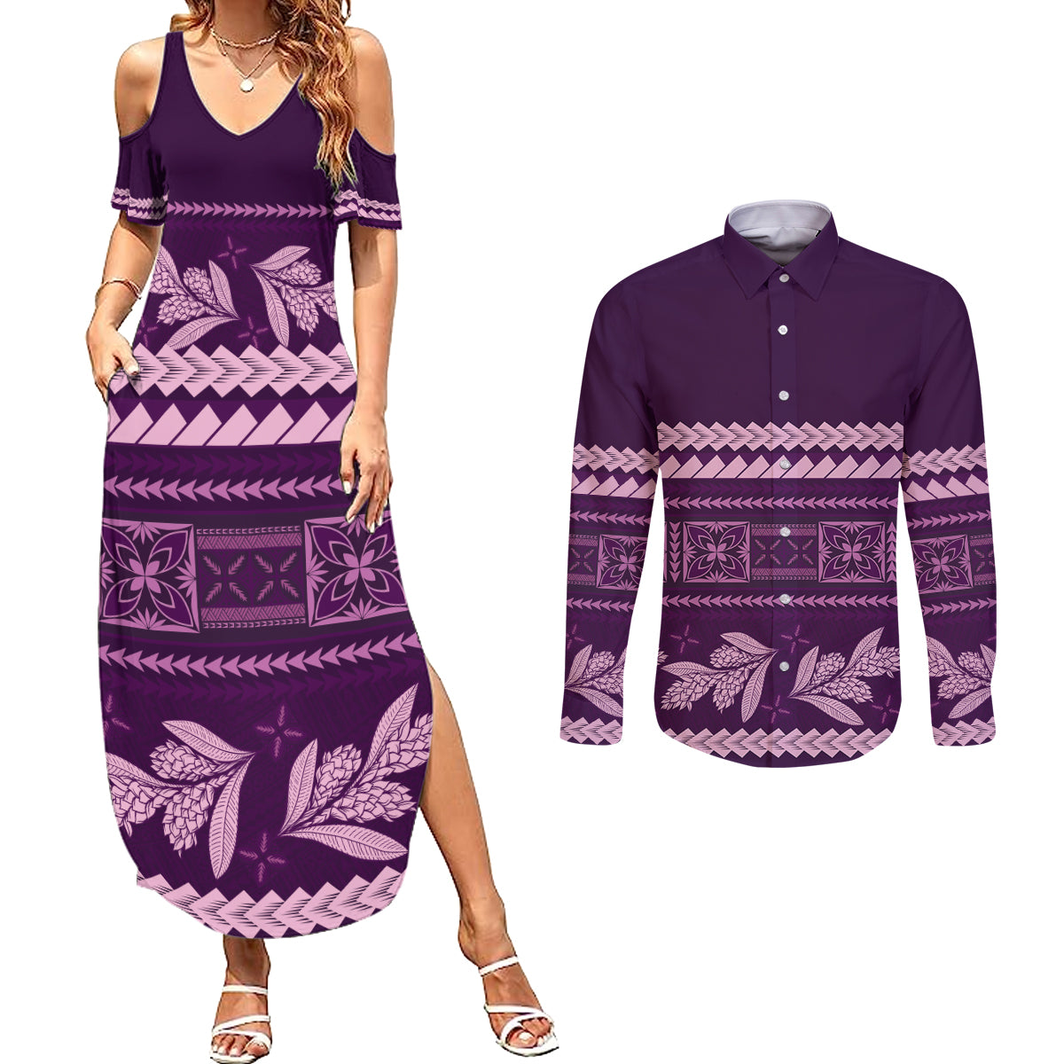 Purple Samoa Siapo Teuila Flowers Couples Matching Summer Maxi Dress and Long Sleeve Button Shirt