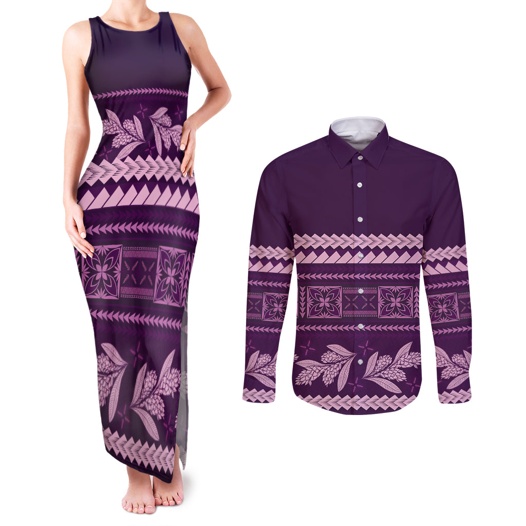 Purple Samoa Siapo Teuila Flowers Couples Matching Tank Maxi Dress and Long Sleeve Button Shirt