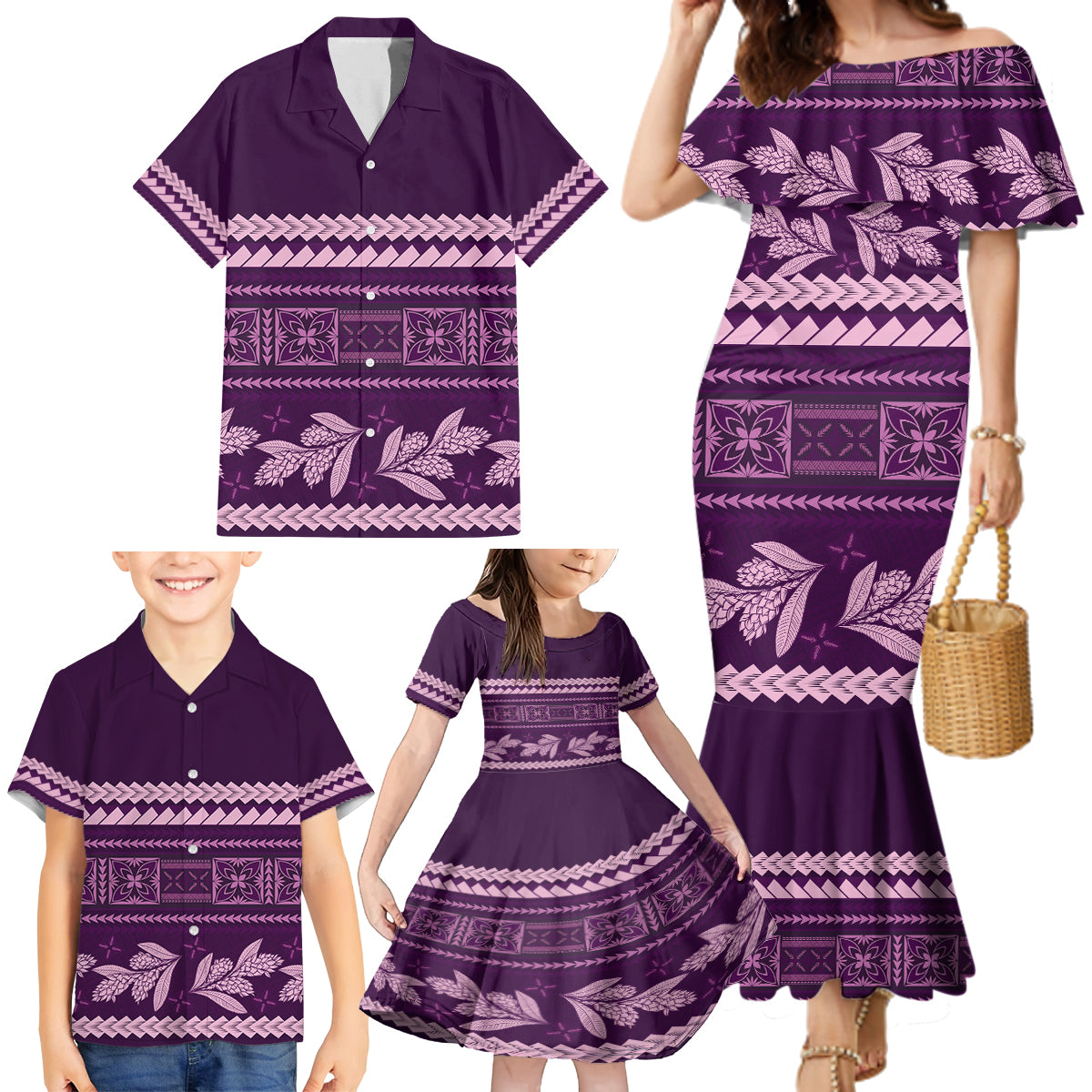 Purple Samoa Siapo Teuila Flowers Family Matching Mermaid Dress and Hawaiian Shirt