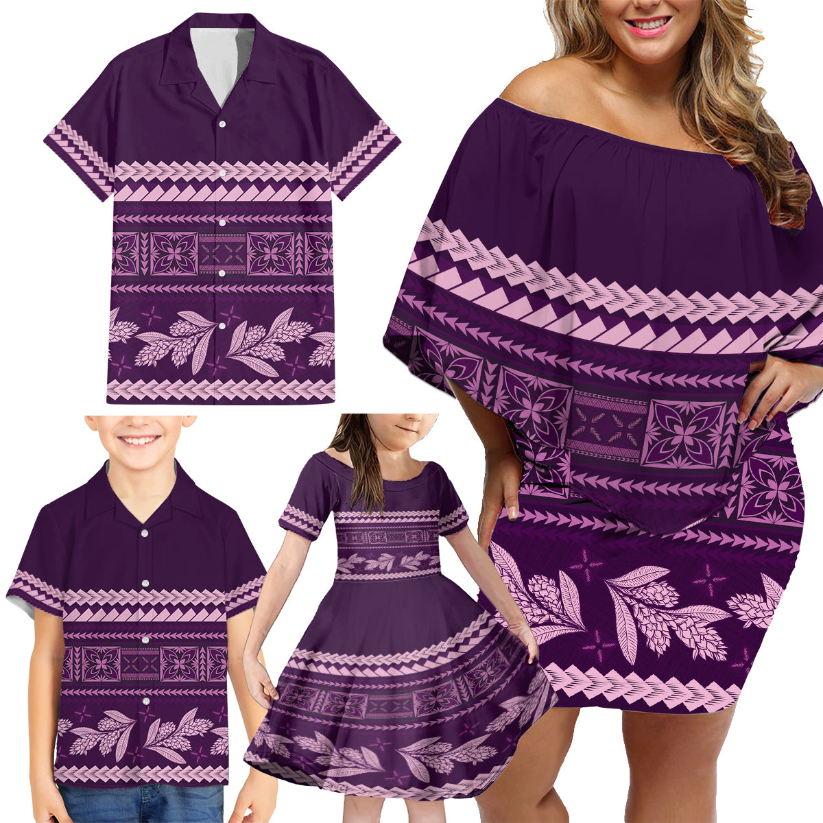 Purple Samoa Siapo Teuila Flowers Family Matching Off Shoulder Short Dress and Hawaiian Shirt