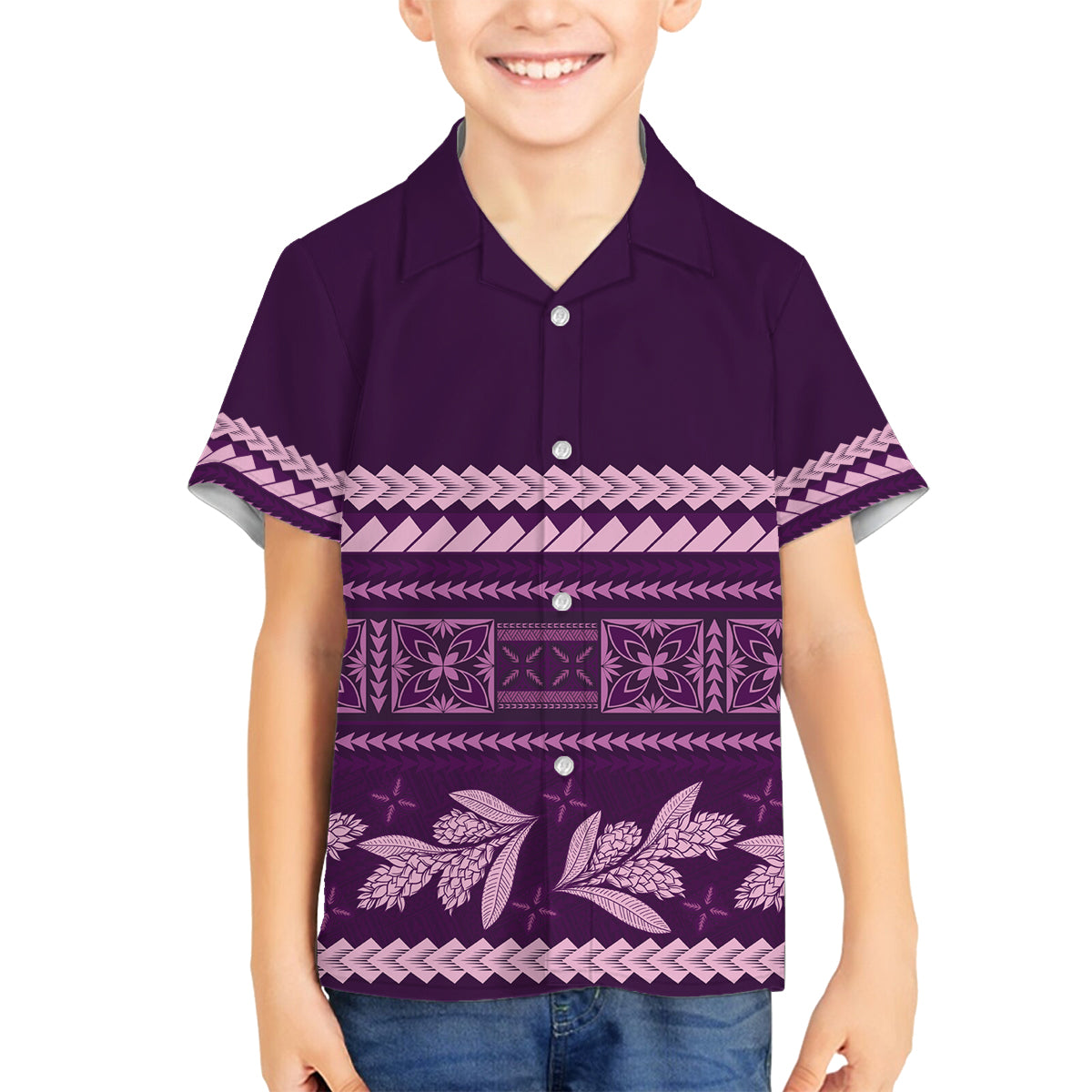 Purple Samoa Siapo Teuila Flowers Family Matching Off Shoulder Short Dress and Hawaiian Shirt