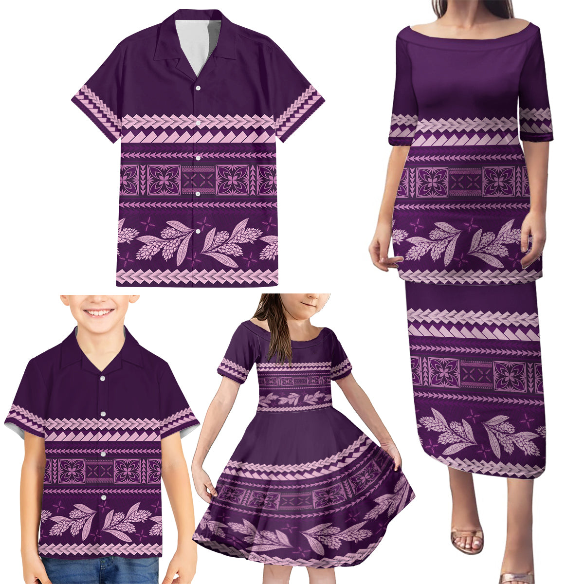 Purple Samoa Siapo Teuila Flowers Family Matching Puletasi and Hawaiian Shirt