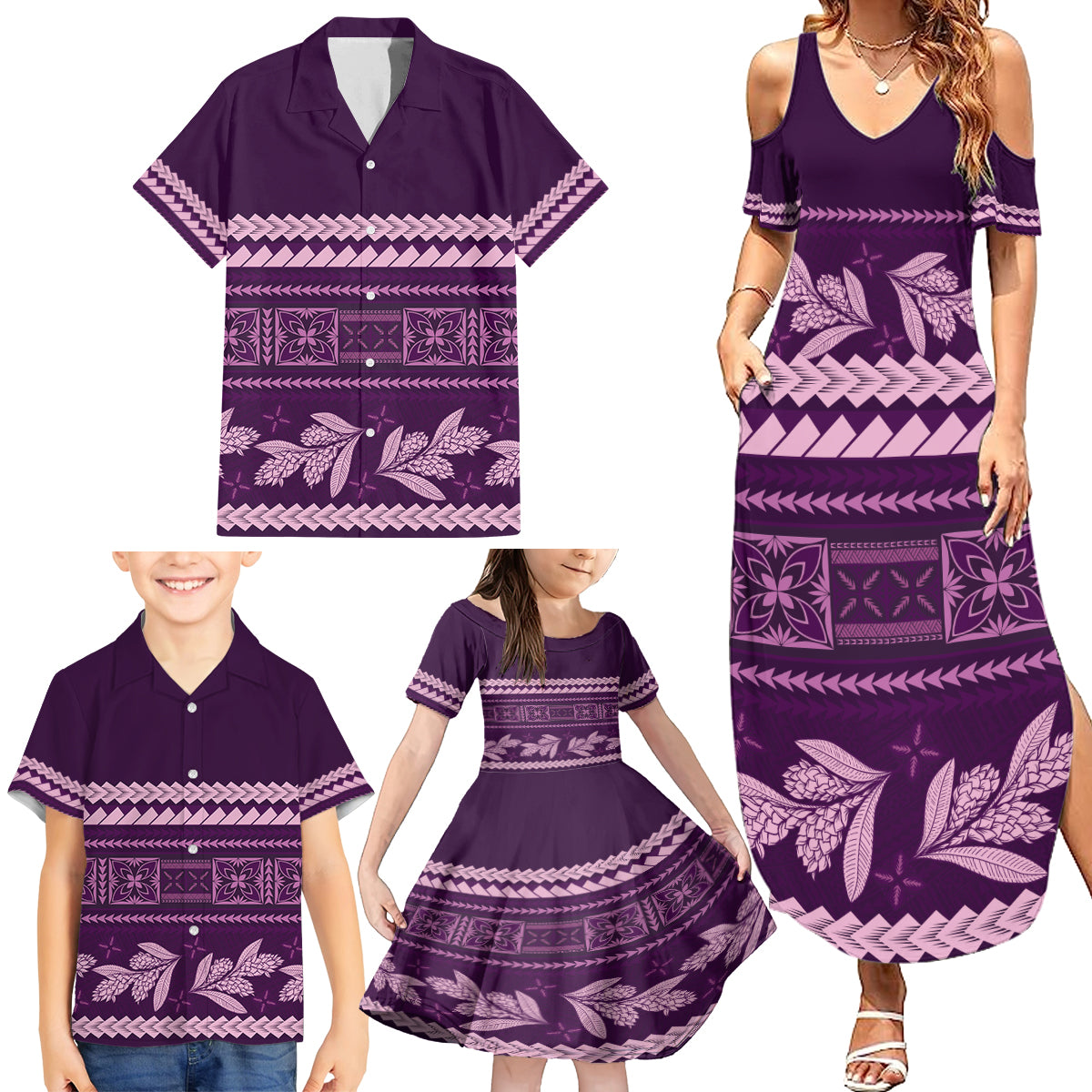 Purple Samoa Siapo Teuila Flowers Family Matching Summer Maxi Dress and Hawaiian Shirt