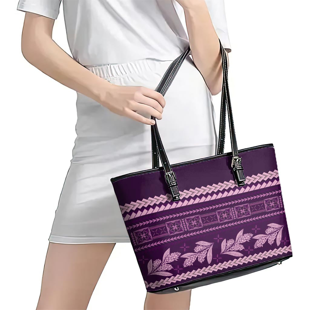 Purple Samoa Siapo Teuila Flowers Leather Tote Bag