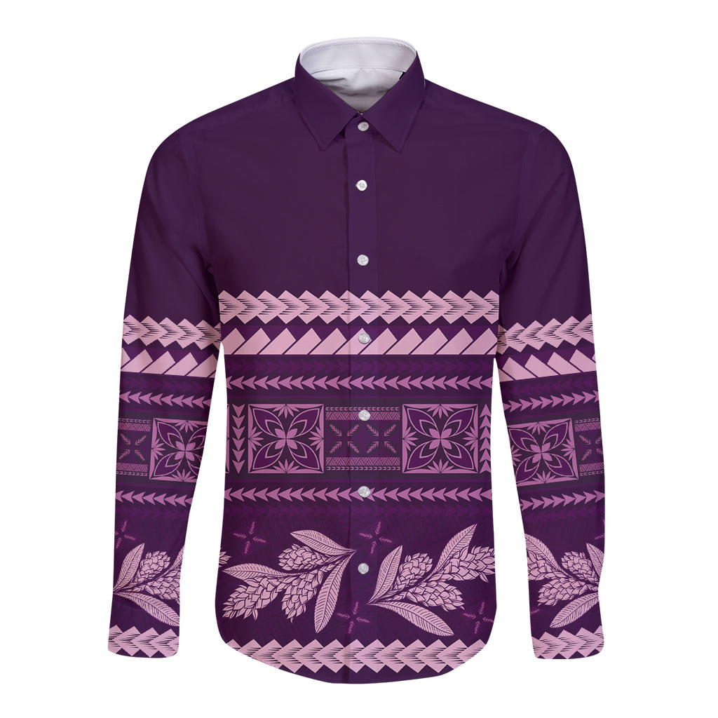 Purple Samoa Siapo Teuila Flowers Long Sleeve Button Shirt