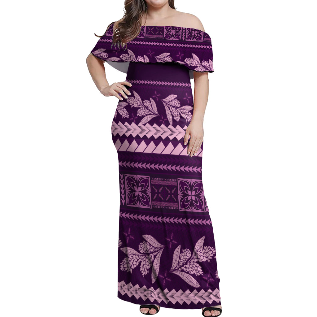 Purple Samoa Siapo Teuila Flowers Off Shoulder Maxi Dress