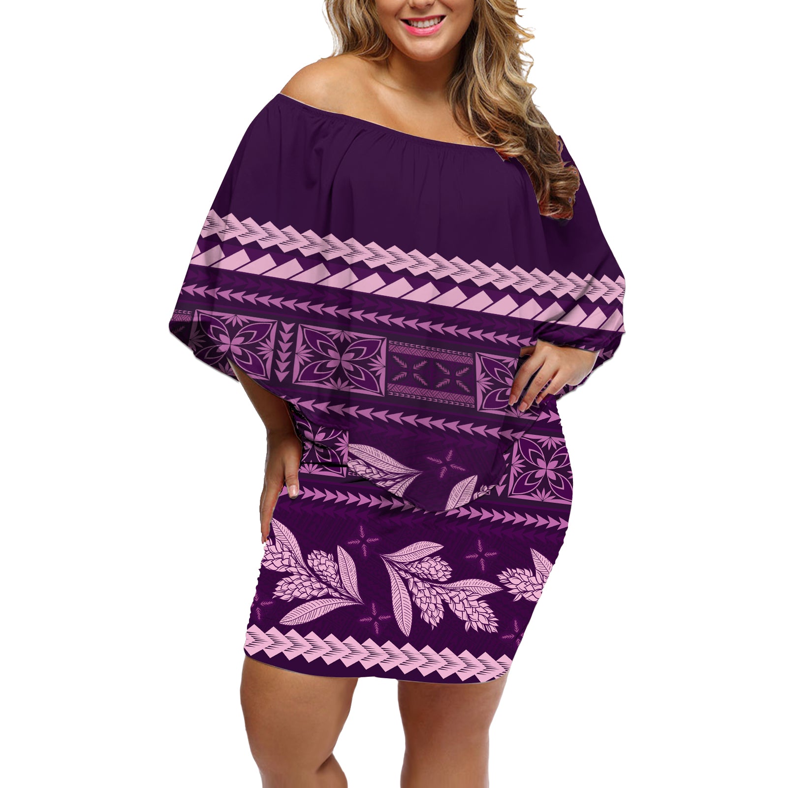 Purple Samoa Siapo Teuila Flowers Off Shoulder Short Dress