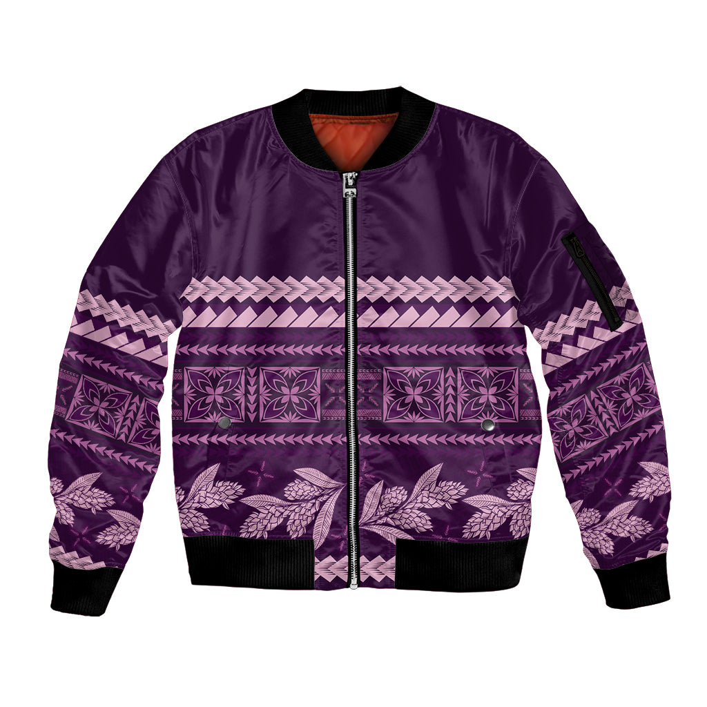 Purple Samoa Siapo Teuila Flowers Sleeve Zip Bomber Jacket