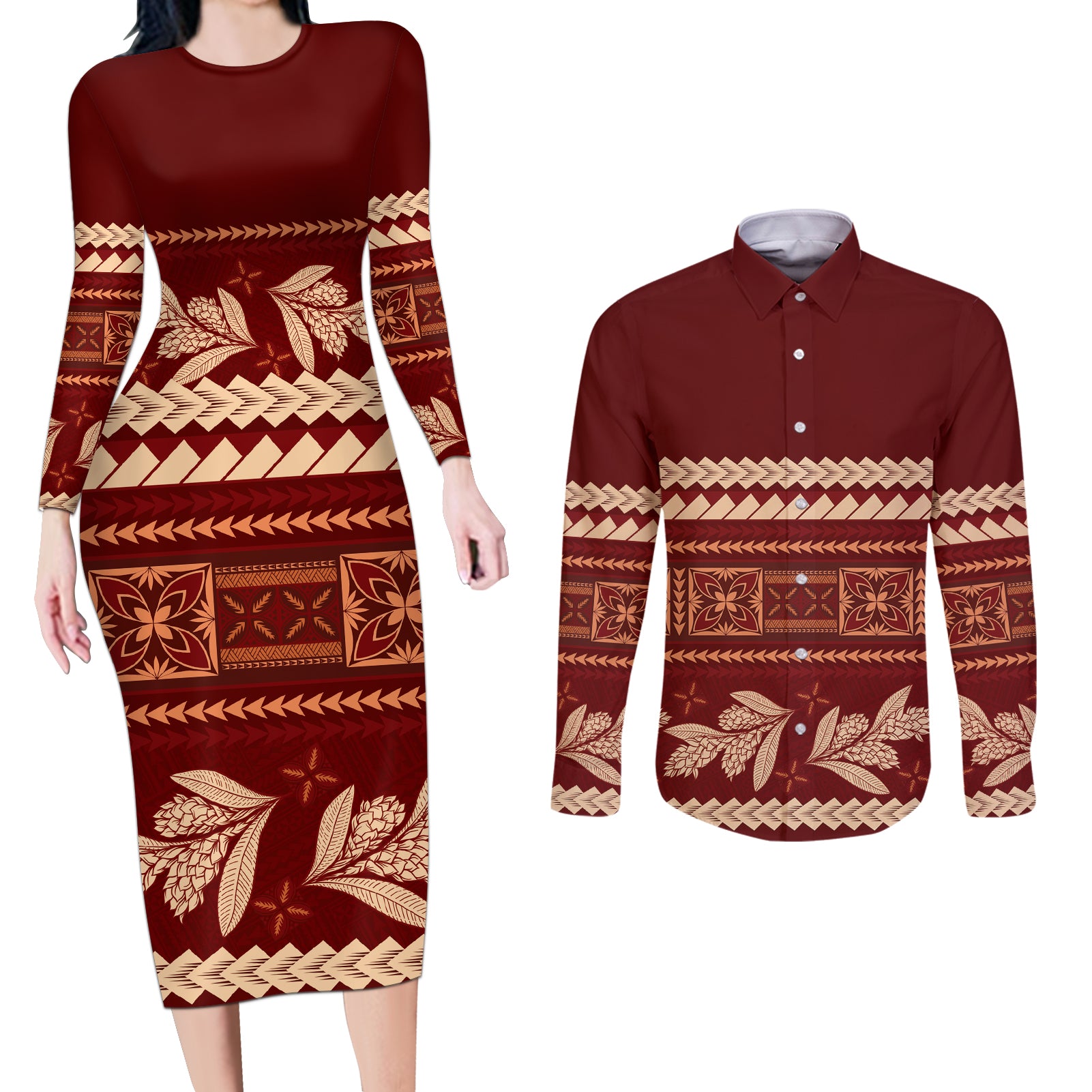 Red Samoa Siapo Teuila Flowers Couples Matching Long Sleeve Bodycon Dress and Long Sleeve Button Shirt