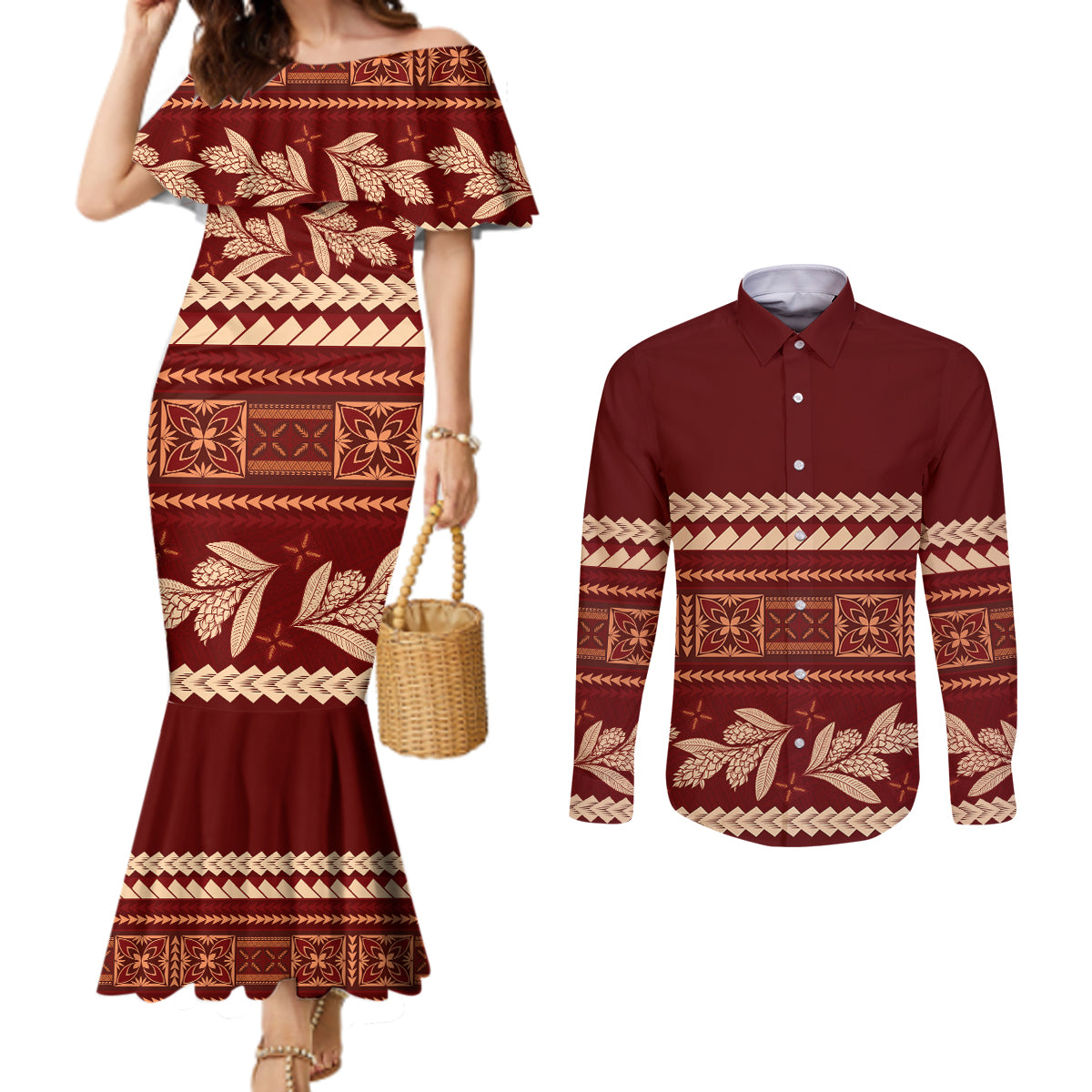 Red Samoa Siapo Teuila Flowers Couples Matching Mermaid Dress and Long Sleeve Button Shirt