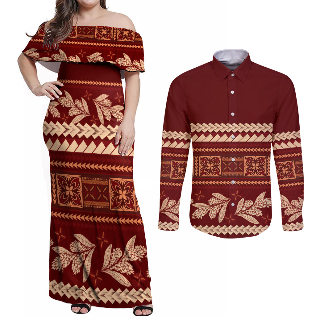 Red Samoa Siapo Teuila Flowers Couples Matching Off Shoulder Maxi Dress and Long Sleeve Button Shirt