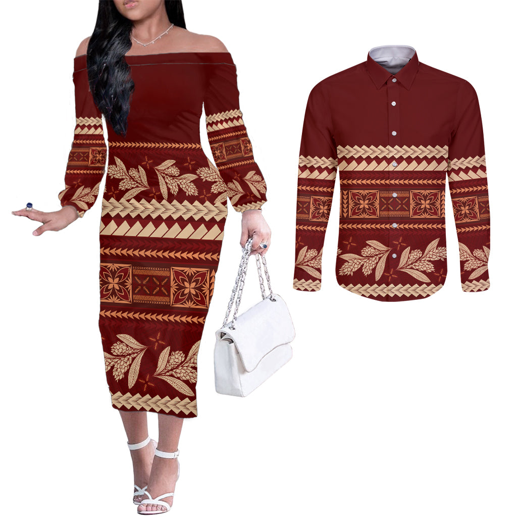 Red Samoa Siapo Teuila Flowers Couples Matching Off The Shoulder Long Sleeve Dress and Long Sleeve Button Shirt