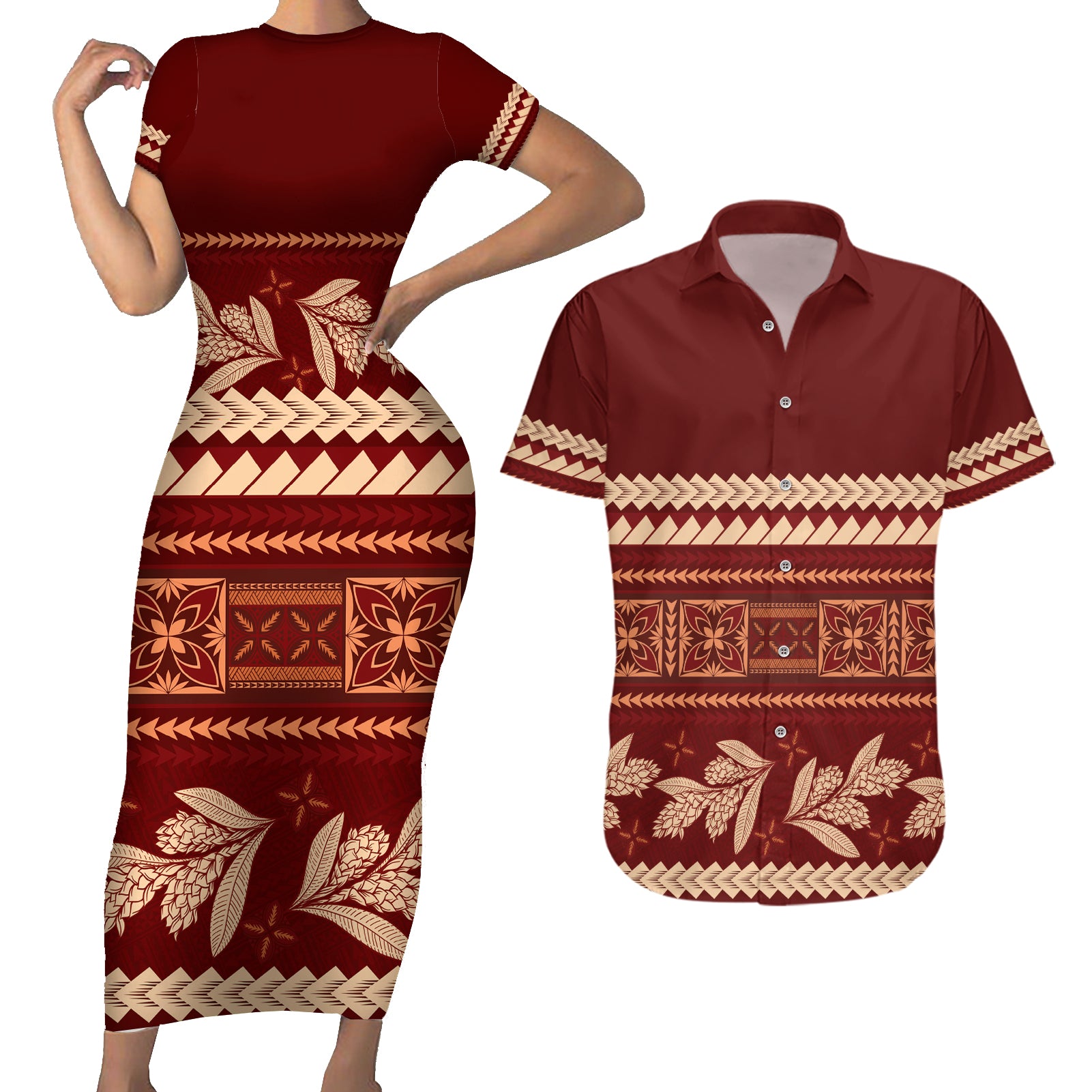 Red Samoa Siapo Teuila Flowers Couples Matching Short Sleeve Bodycon Dress and Hawaiian Shirt