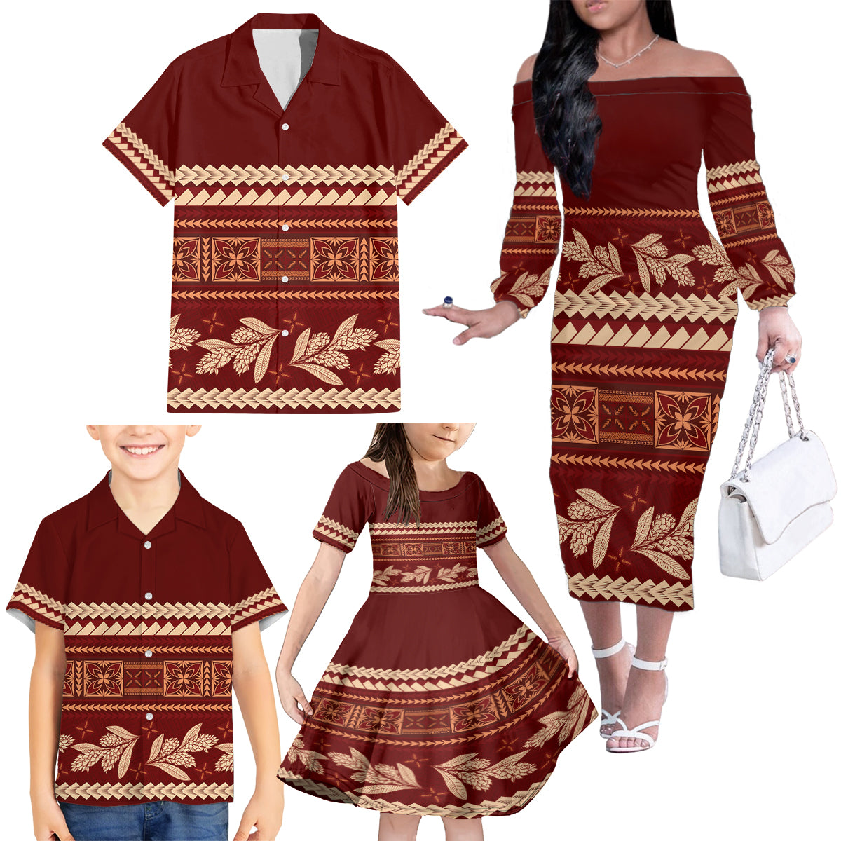 Red Samoa Siapo Teuila Flowers Family Matching Off The Shoulder Long Sleeve Dress and Hawaiian Shirt