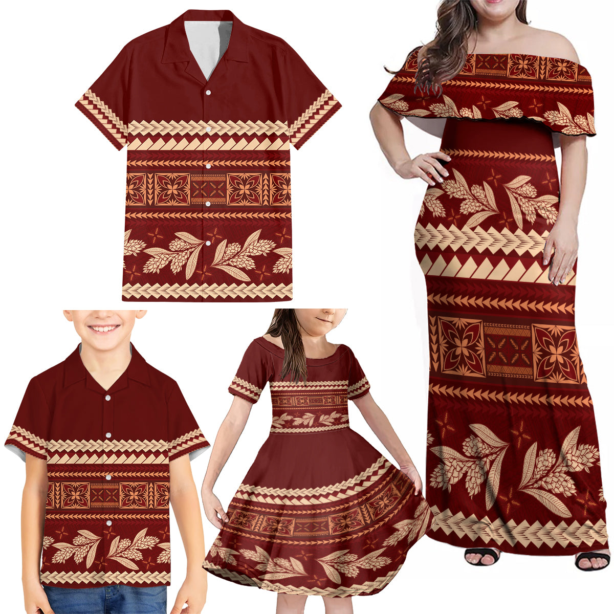 Red Samoa Siapo Teuila Flowers Family Matching Off Shoulder Maxi Dress and Hawaiian Shirt