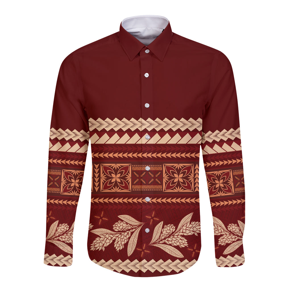 Red Samoa Siapo Teuila Flowers Long Sleeve Button Shirt