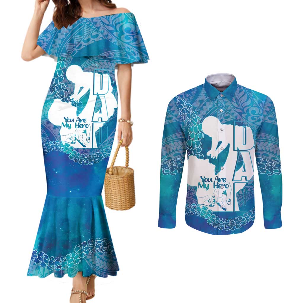 Turquoise Polynesia Father's Day Couples Matching Mermaid Dress and Long Sleeve Button Shirt Dad You Are My Hero LT14 Turquoise - Polynesian Pride