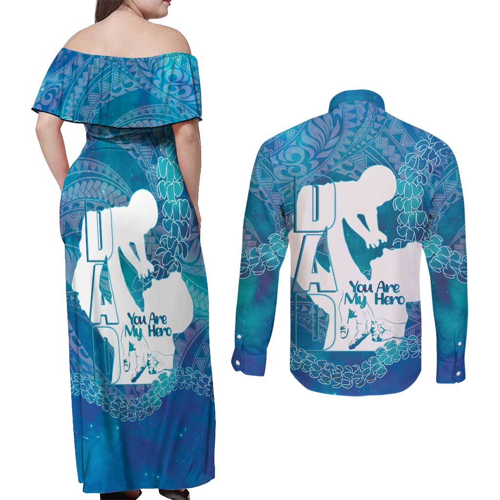 Turquoise Polynesia Father's Day Couples Matching Off Shoulder Maxi Dress and Long Sleeve Button Shirt Dad You Are My Hero LT14 - Polynesian Pride