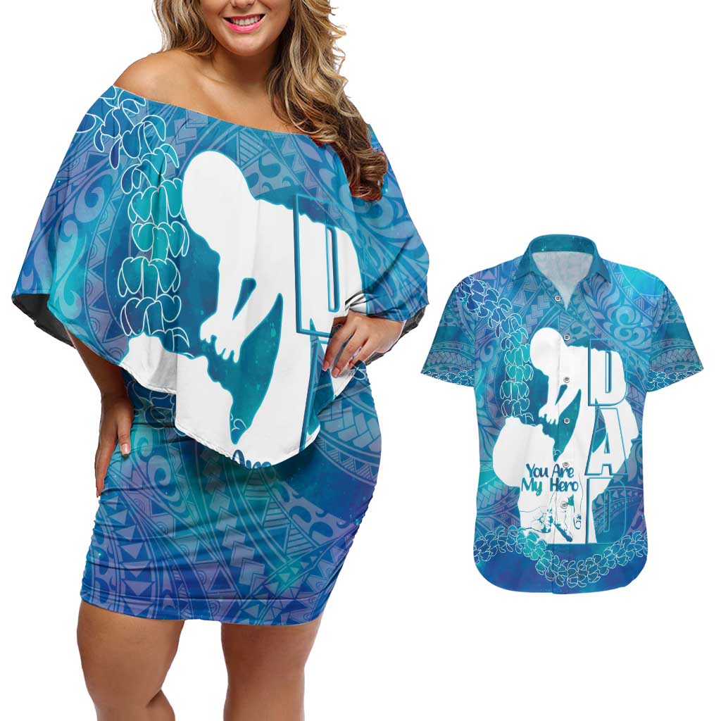 Turquoise Polynesia Father's Day Couples Matching Off Shoulder Short Dress and Hawaiian Shirt Dad You Are My Hero LT14 Turquoise - Polynesian Pride