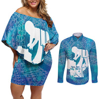 Turquoise Polynesia Father's Day Couples Matching Off Shoulder Short Dress and Long Sleeve Button Shirt Dad You Are My Hero LT14 Turquoise - Polynesian Pride