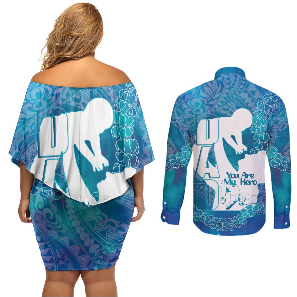 Turquoise Polynesia Father's Day Couples Matching Off Shoulder Short Dress and Long Sleeve Button Shirt Dad You Are My Hero LT14 - Polynesian Pride
