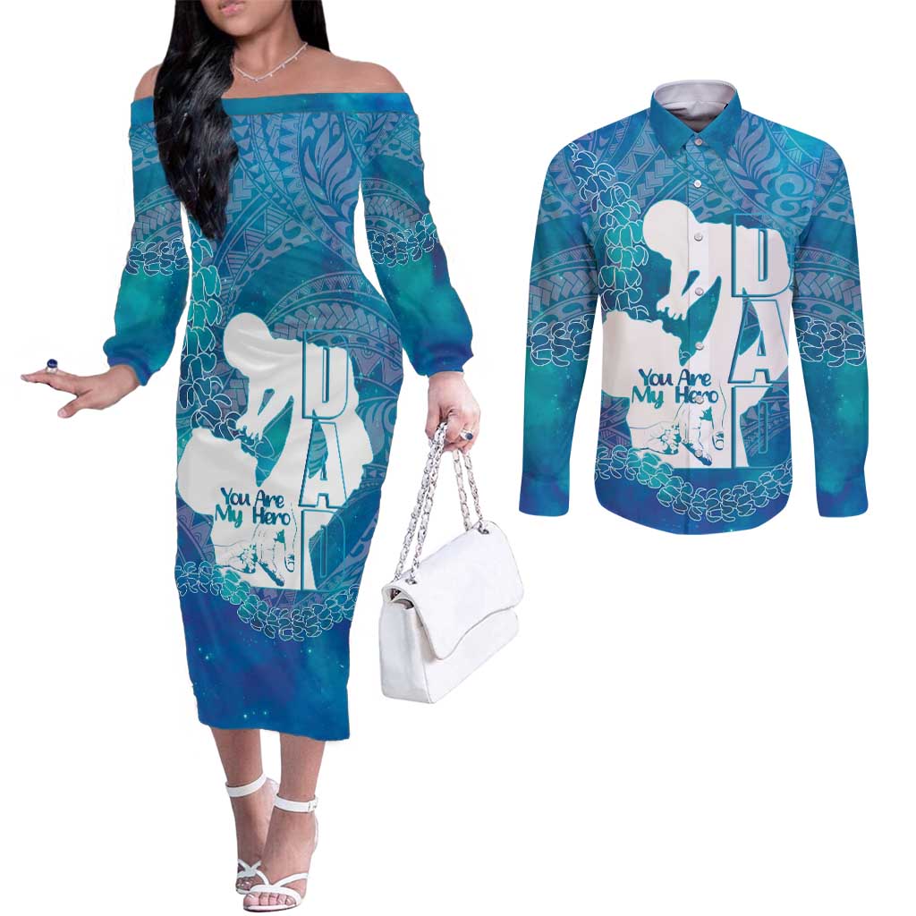 Turquoise Polynesia Father's Day Couples Matching Off The Shoulder Long Sleeve Dress and Long Sleeve Button Shirt Dad You Are My Hero LT14 Turquoise - Polynesian Pride