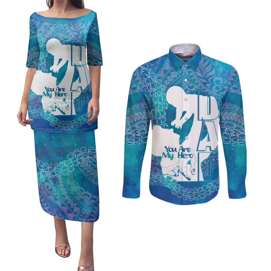 Turquoise Polynesia Father's Day Couples Matching Puletasi and Long Sleeve Button Shirt Dad You Are My Hero LT14 Turquoise - Polynesian Pride