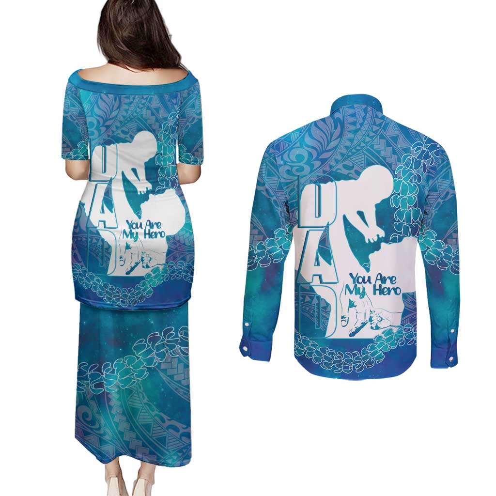 Turquoise Polynesia Father's Day Couples Matching Puletasi and Long Sleeve Button Shirt Dad You Are My Hero LT14 - Polynesian Pride