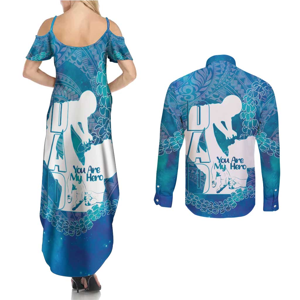 Turquoise Polynesia Father's Day Couples Matching Summer Maxi Dress and Long Sleeve Button Shirt Dad You Are My Hero LT14 - Polynesian Pride