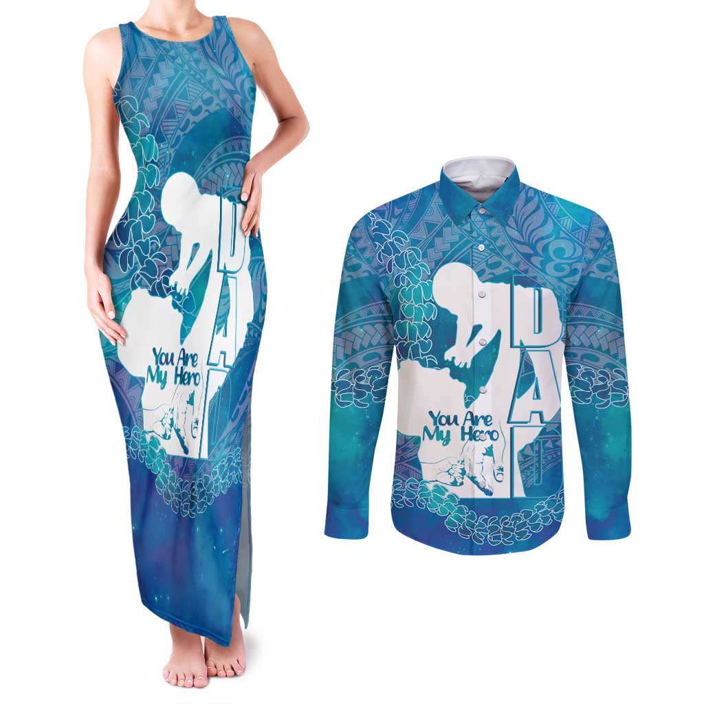 Turquoise Polynesia Father's Day Couples Matching Tank Maxi Dress and Long Sleeve Button Shirt Dad You Are My Hero LT14 Turquoise - Polynesian Pride