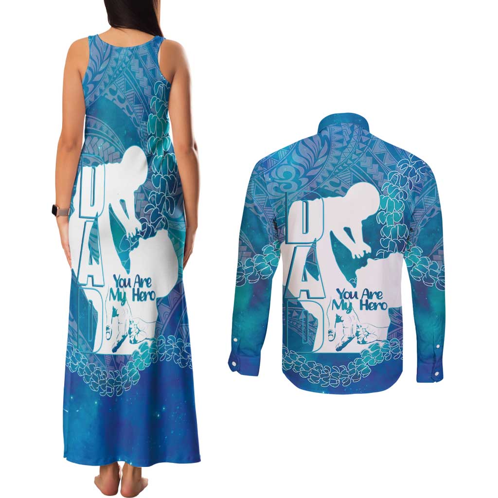 Turquoise Polynesia Father's Day Couples Matching Tank Maxi Dress and Long Sleeve Button Shirt Dad You Are My Hero LT14 - Polynesian Pride
