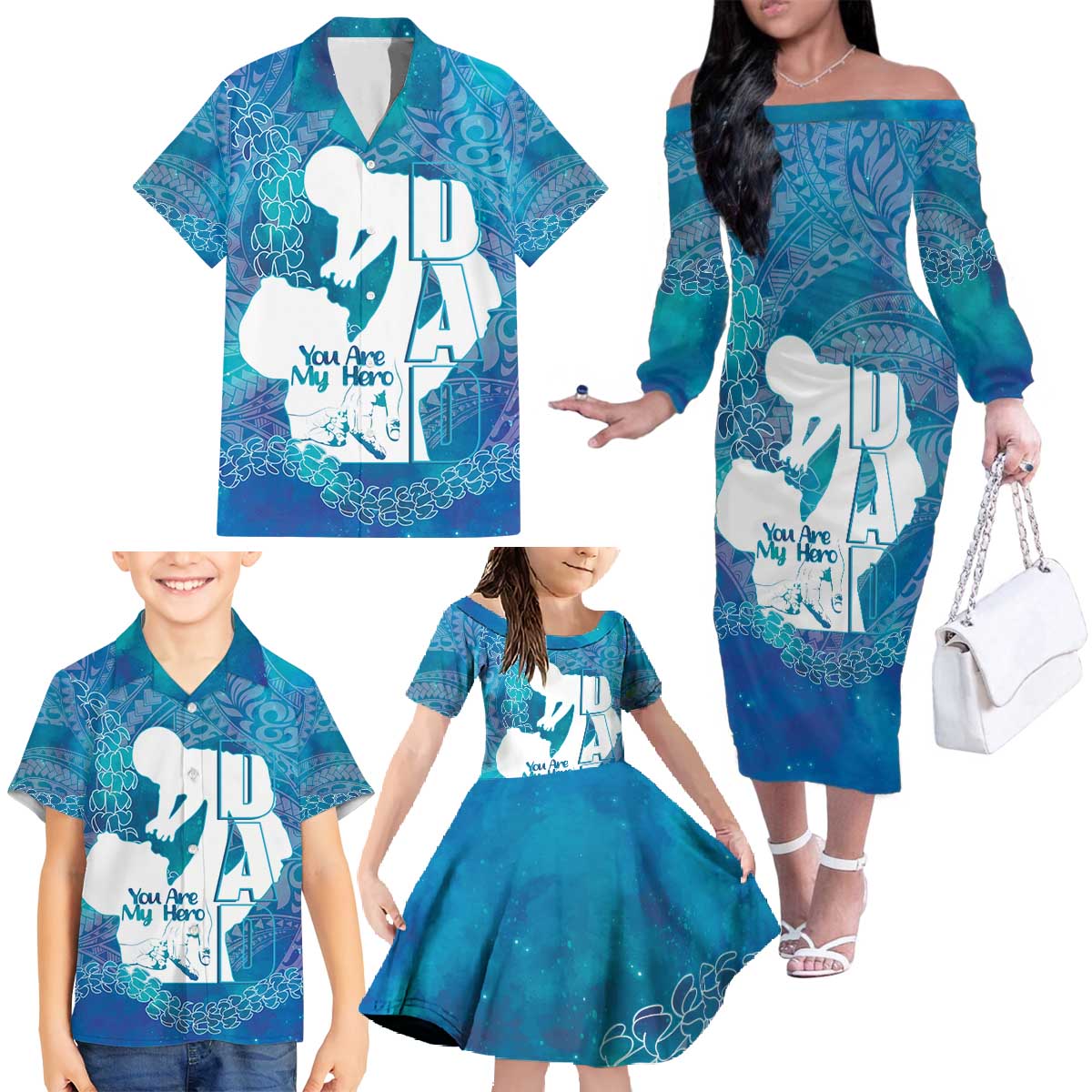 Turquoise Polynesia Father's Day Family Matching Off The Shoulder Long Sleeve Dress and Hawaiian Shirt Dad You Are My Hero LT14 - Polynesian Pride