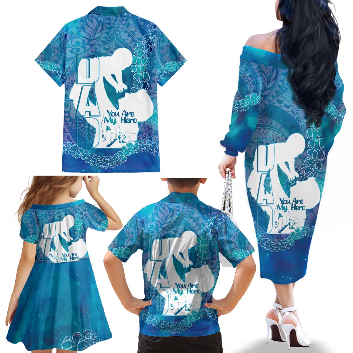 Turquoise Polynesia Father's Day Family Matching Off The Shoulder Long Sleeve Dress and Hawaiian Shirt Dad You Are My Hero