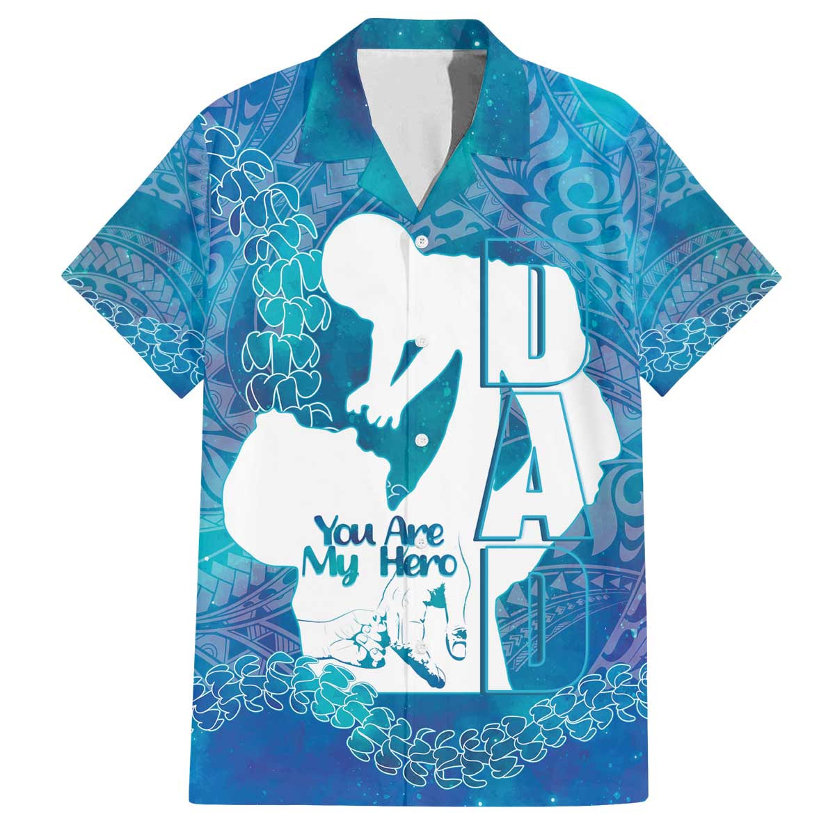 Turquoise Polynesia Father's Day Family Matching Off The Shoulder Long Sleeve Dress and Hawaiian Shirt Dad You Are My Hero