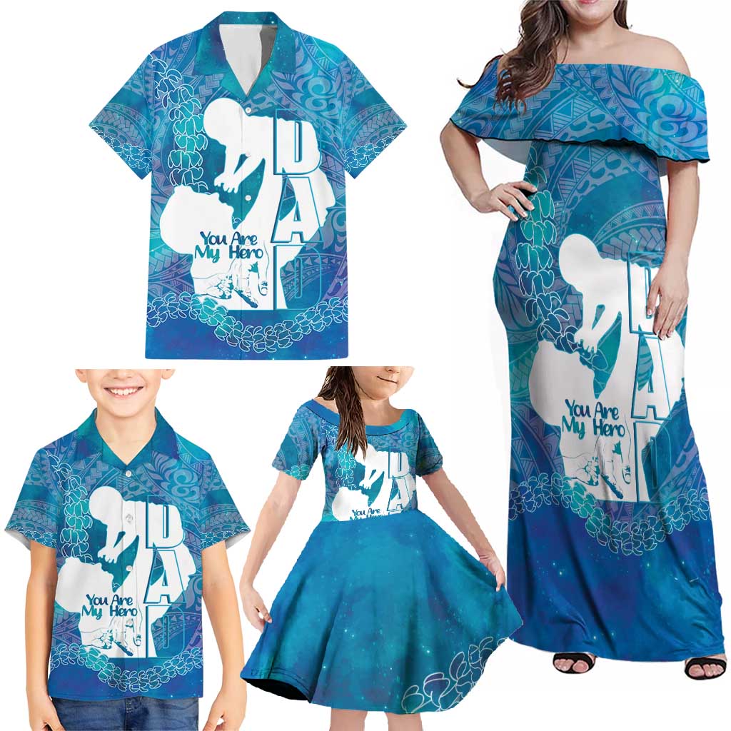 Turquoise Polynesia Father's Day Family Matching Off Shoulder Maxi Dress and Hawaiian Shirt Dad You Are My Hero LT14 - Polynesian Pride