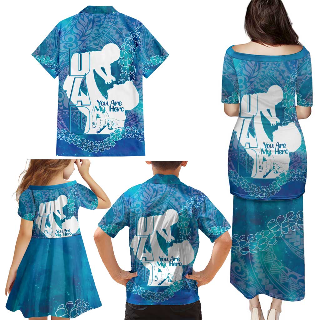 Turquoise Polynesia Father's Day Family Matching Puletasi and Hawaiian Shirt Dad You Are My Hero