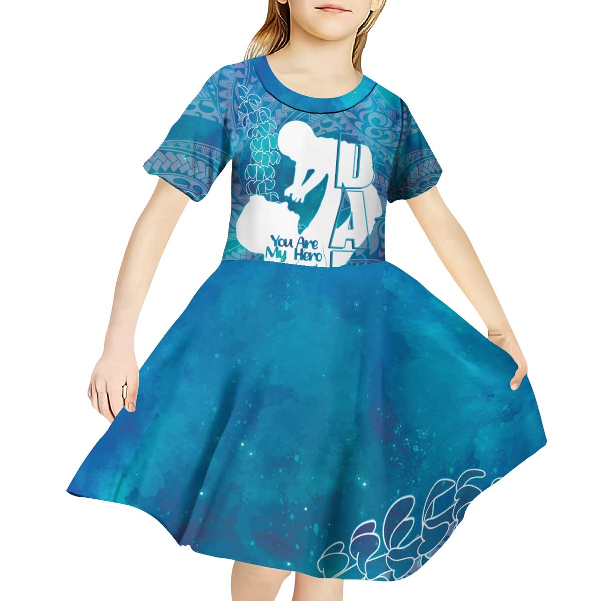 Turquoise Polynesia Father's Day Kid Short Sleeve Dress Dad You Are My Hero