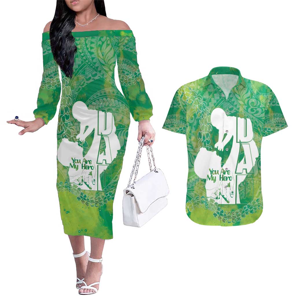 Green Polynesia Father's Day Couples Matching Off The Shoulder Long Sleeve Dress and Hawaiian Shirt Dad You Are My Hero LT14 Green - Polynesian Pride