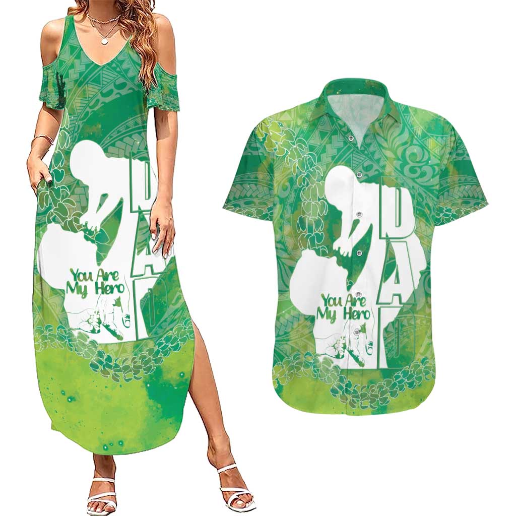 Green Polynesia Father's Day Couples Matching Summer Maxi Dress and Hawaiian Shirt Dad You Are My Hero LT14 Green - Polynesian Pride