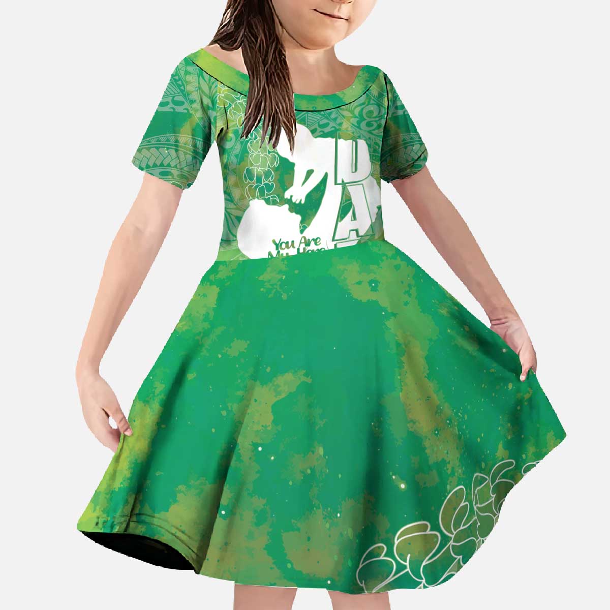 Green Polynesia Father's Day Family Matching Off The Shoulder Long Sleeve Dress and Hawaiian Shirt Dad You Are My Hero