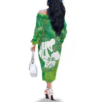 Green Polynesia Father's Day Family Matching Off The Shoulder Long Sleeve Dress and Hawaiian Shirt Dad You Are My Hero
