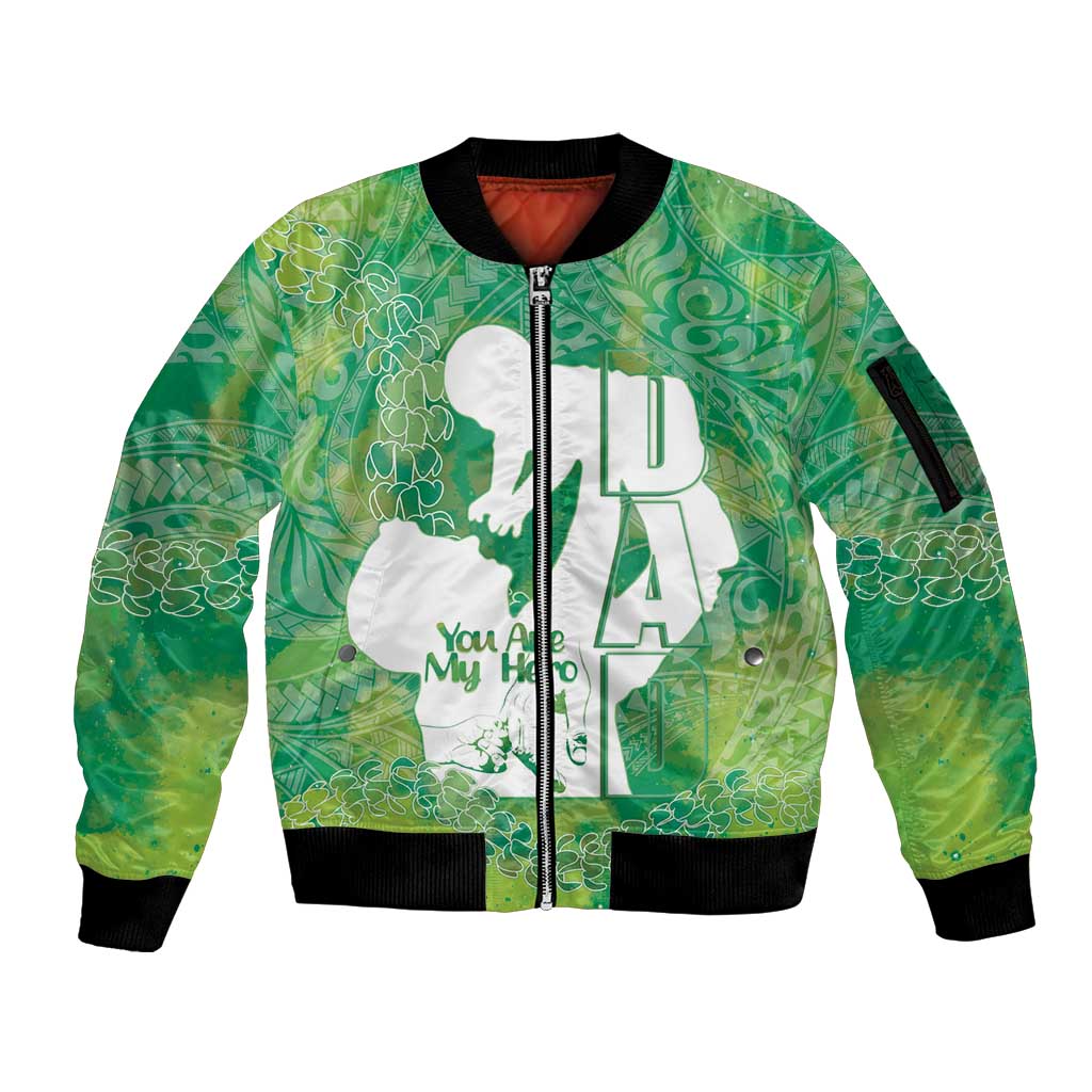 Green Polynesia Father's Day Sleeve Zip Bomber Jacket Dad You Are My Hero