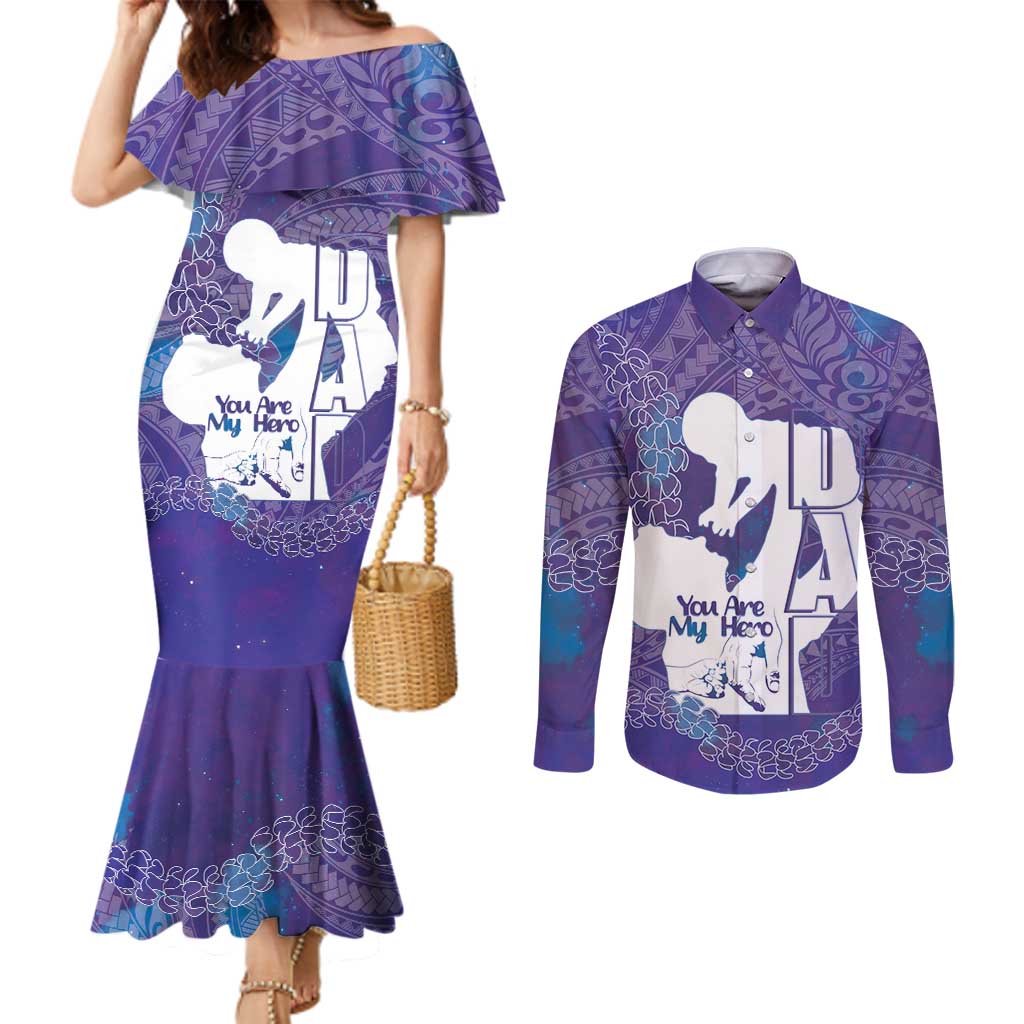 Purple Polynesia Father's Day Couples Matching Mermaid Dress and Long Sleeve Button Shirt Dad You Are My Hero