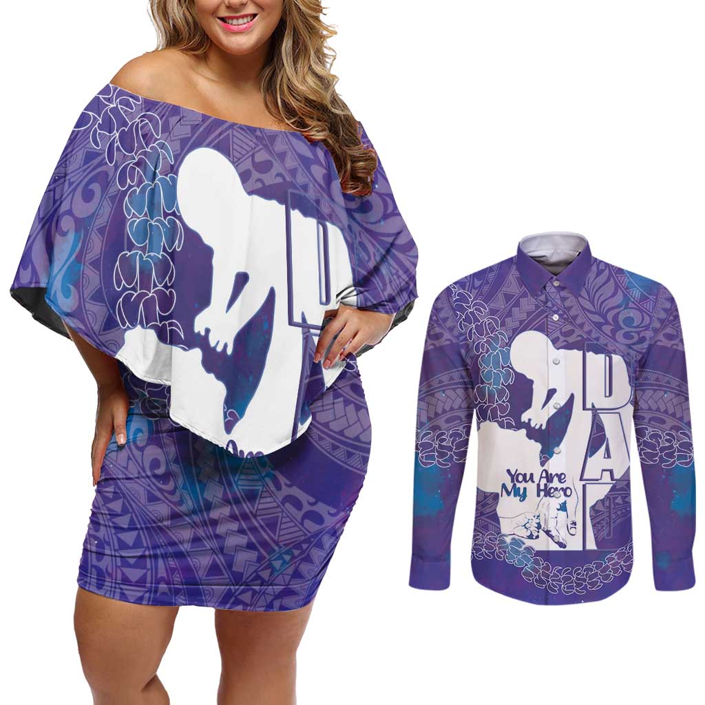 Purple Polynesia Father's Day Couples Matching Off Shoulder Short Dress and Long Sleeve Button Shirt Dad You Are My Hero LT14 Purple - Polynesian Pride