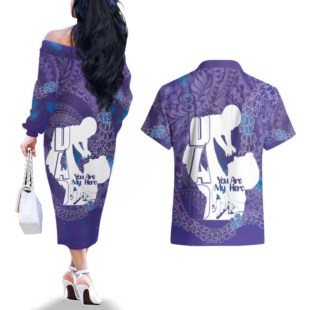 Purple Polynesia Father's Day Couples Matching Off The Shoulder Long Sleeve Dress and Hawaiian Shirt Dad You Are My Hero