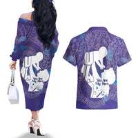 Purple Polynesia Father's Day Couples Matching Off The Shoulder Long Sleeve Dress and Hawaiian Shirt Dad You Are My Hero
